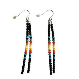 Beaded Dangle Earrings Black Multicolor Seed Beads